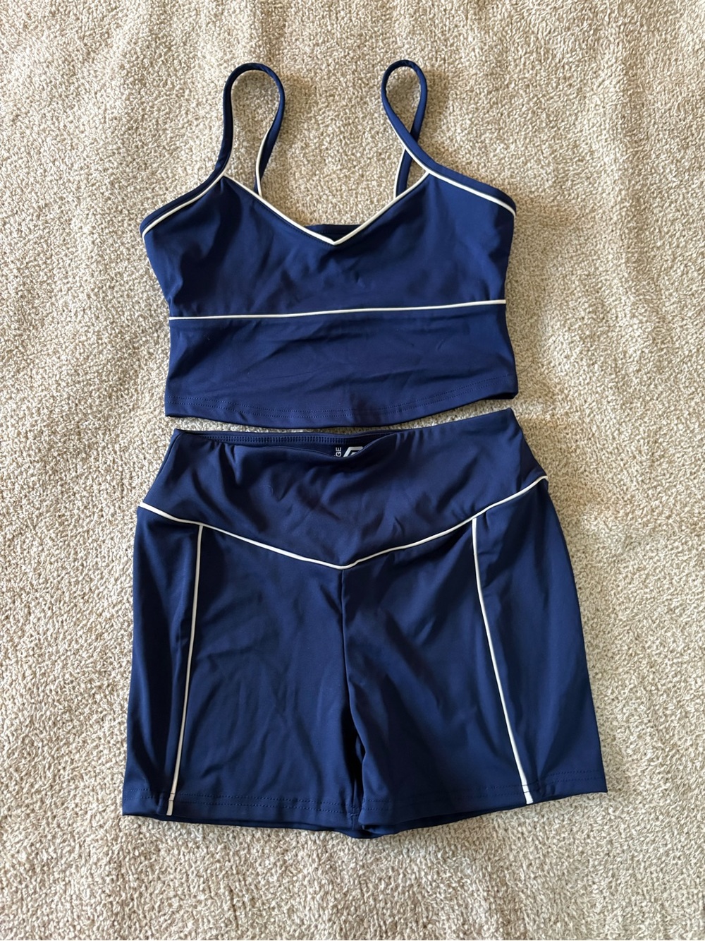 Navy Piped Two-Piece Active Top and Shorts
